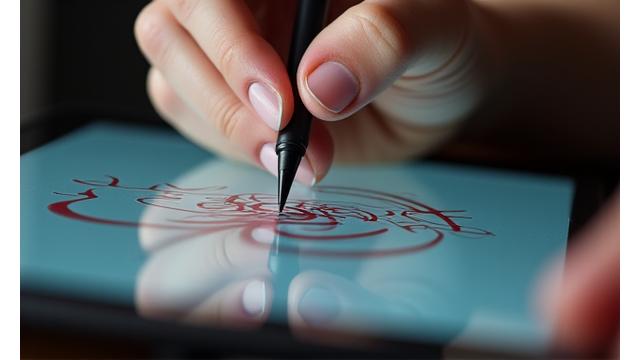 Elegantly flowing digital calligraphy pen creating intricate letters on a tablet screen.