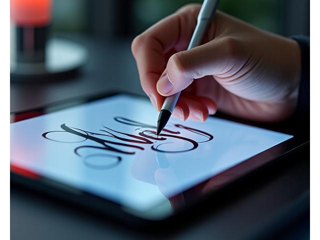 Elegantly flowing digital calligraphy pen creating intricate letters on a tablet screen.