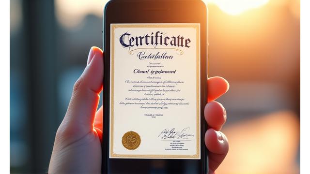 A beautifully designed digital certificate with calligraphy, featuring blockchain symbols for authenticity.