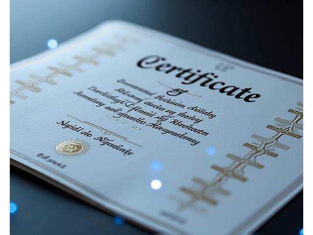 A beautifully designed digital certificate with calligraphy, featuring blockchain symbols for authenticity.